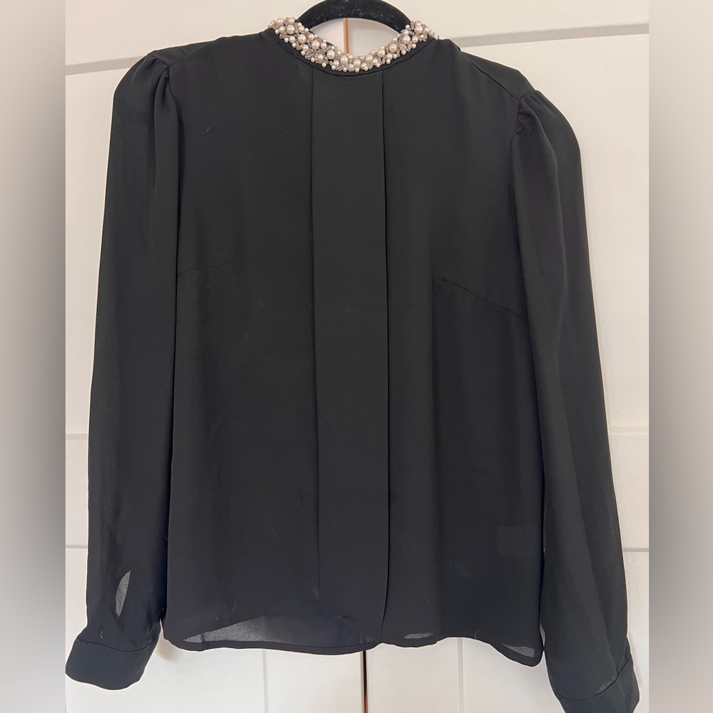 Pearl and beaded long sleeve black blouse